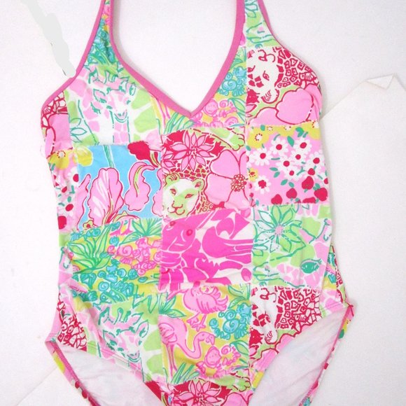 Patchwork Animal Floral Swimsuit One Piece Pink Giraffe Flamingo Lion - Picture 15 of 15